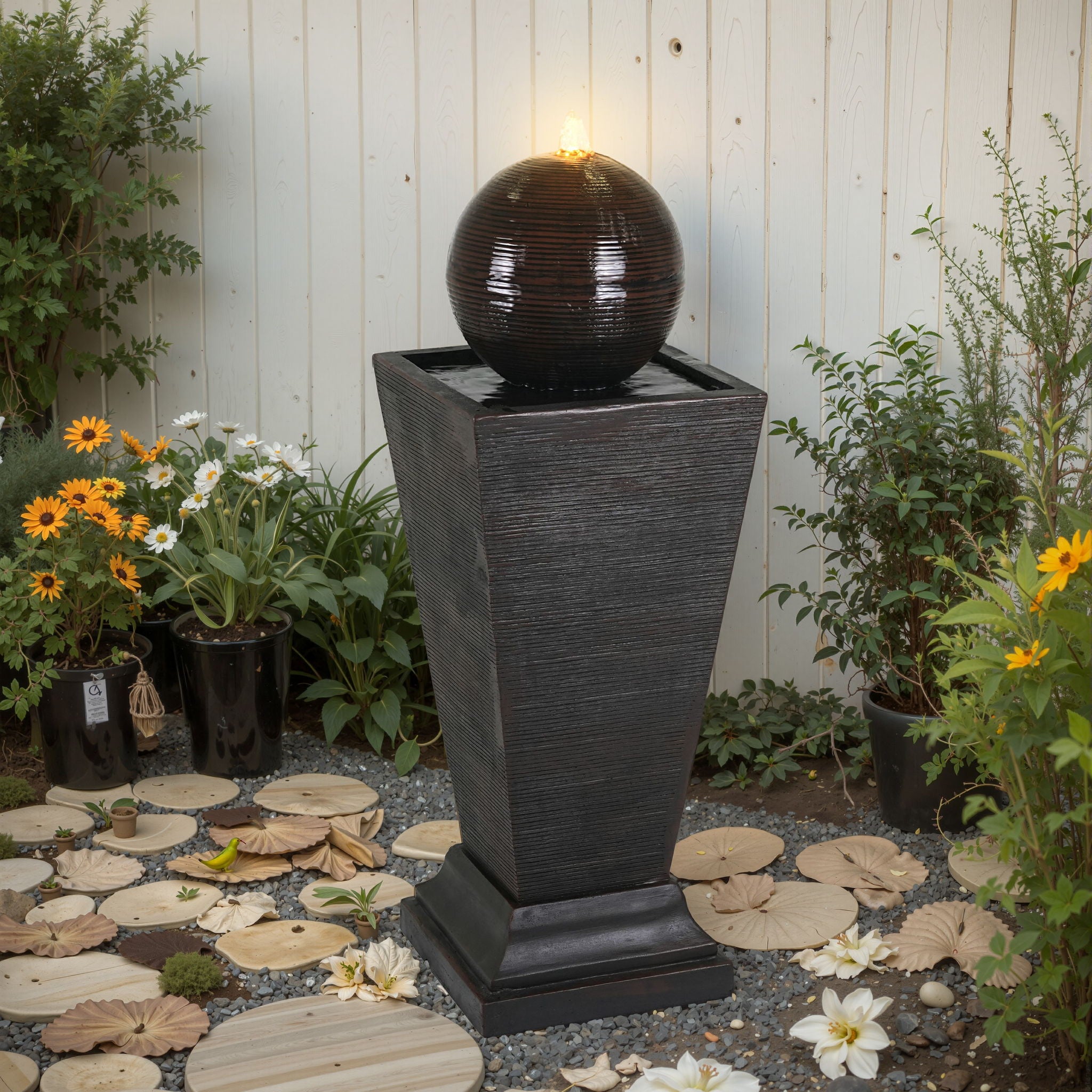 35.5&quot; Tall Column Fountain With LED Lights, Retro Outdoor Decor, Weather Resistant Feature - Dark Brown