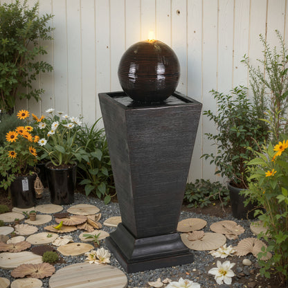35.5&quot; Tall Column Fountain With LED Lights, Retro Outdoor Decor, Weather Resistant Feature - Dark Brown