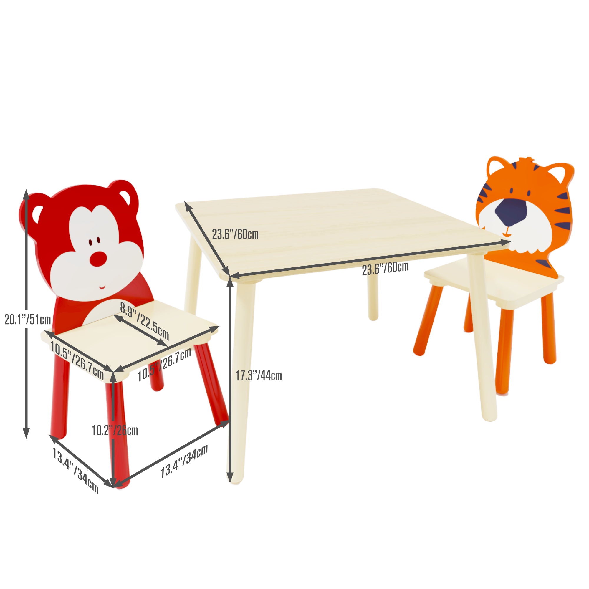 Table And 2 Chairs Set, Activity Play Table Set With Bear &amp; Tiger Design - Natural