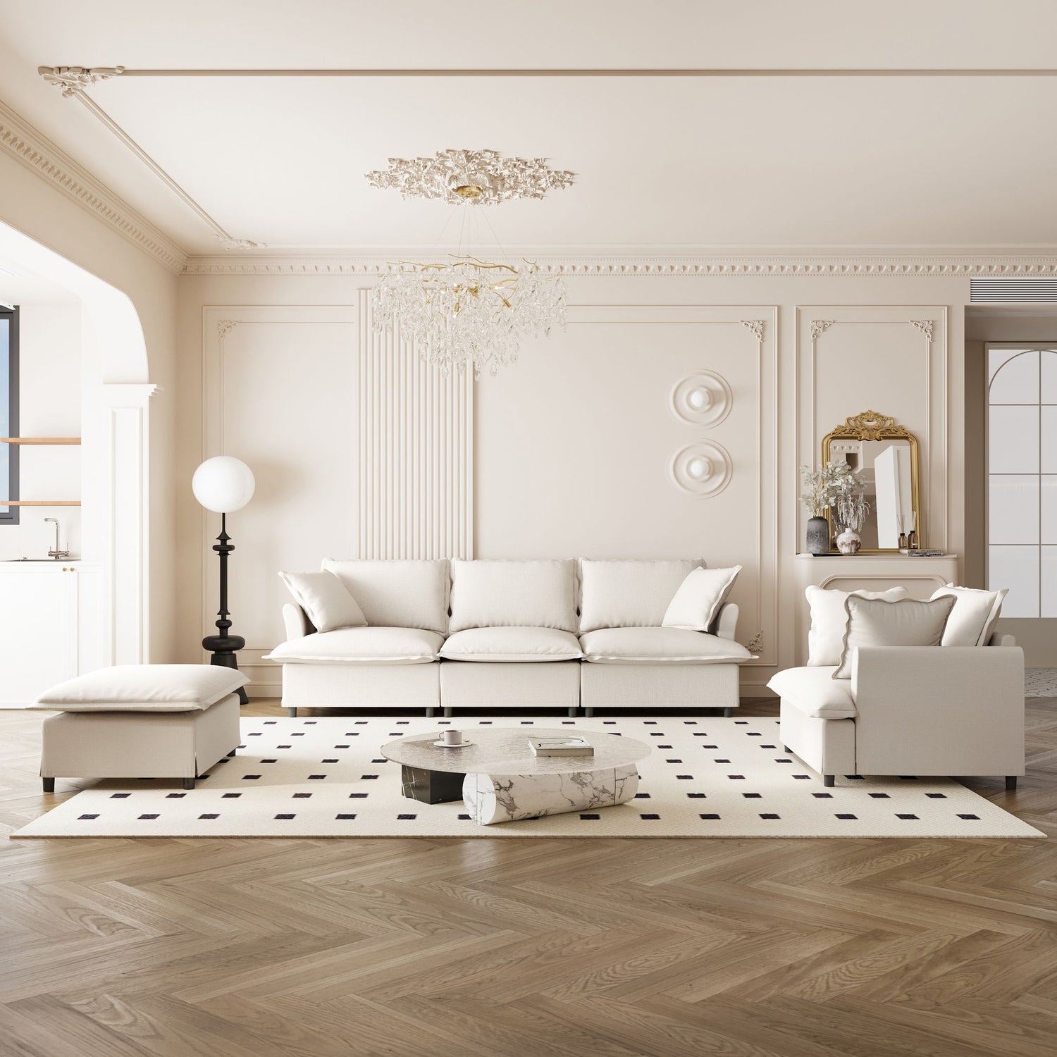 Living Room Set Modular Sectional Couch, Upholstered Sofa &amp; Armchair &amp; Movable Ottoman