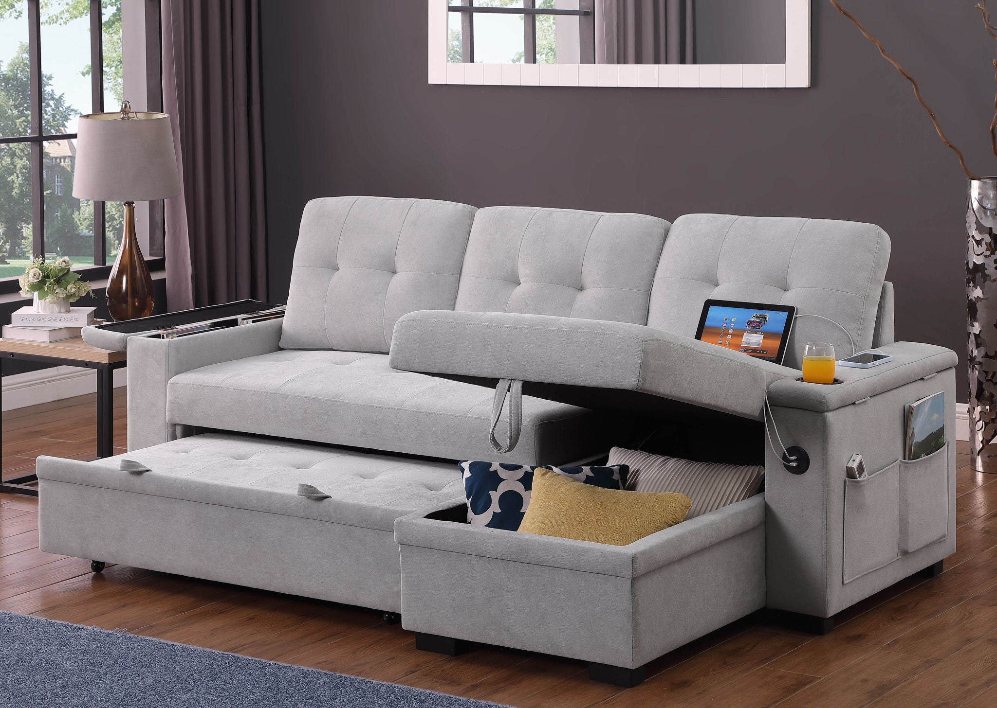 Ashlyn II - 84&quot;W Woven Fabric Reversible Sleeper Sectional Sofa with Storage Chaise