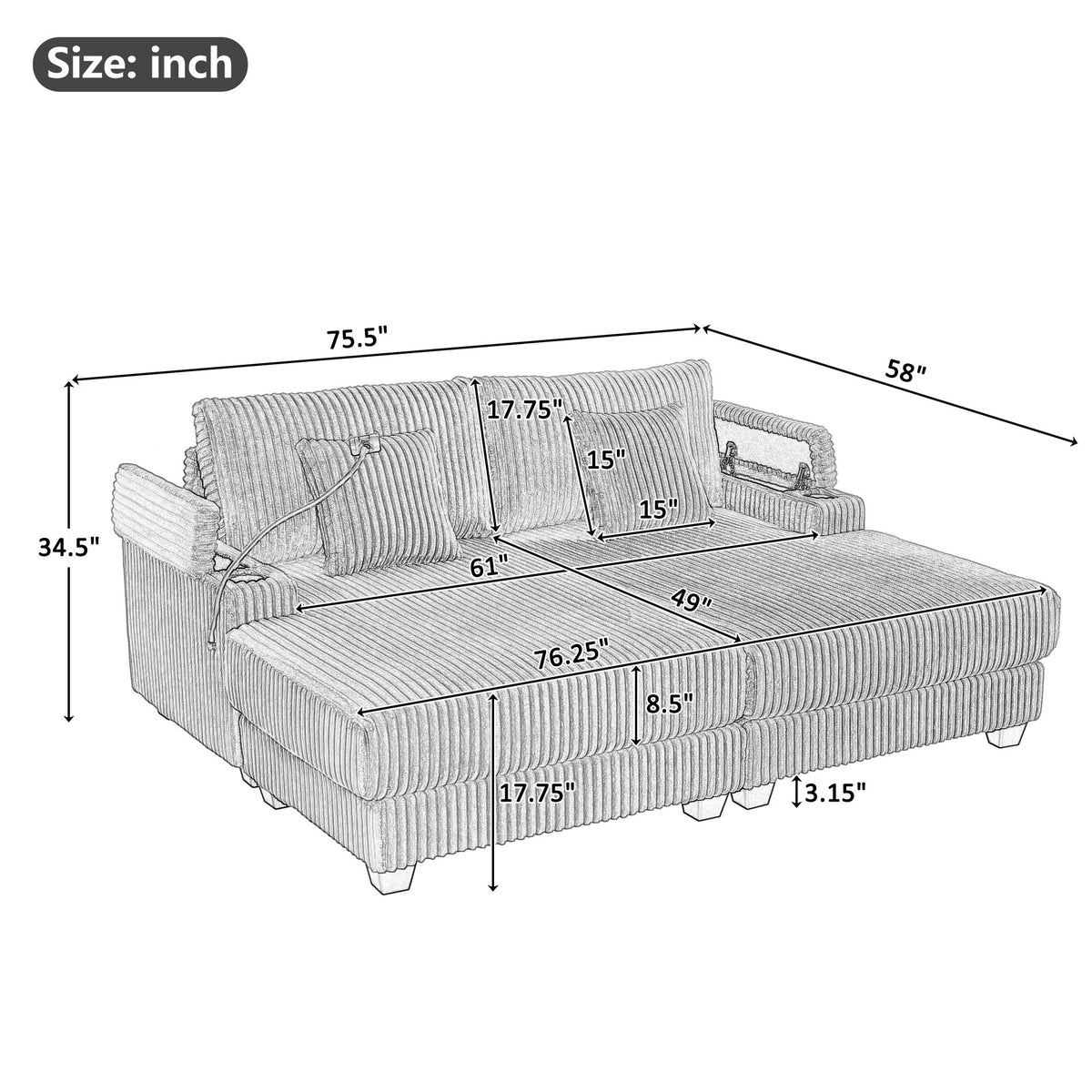 Chaise Sofa With Adjustable Backrest, Cup Holders, Phone Holder &amp; Storage Compartments For Living Room - Light Gray