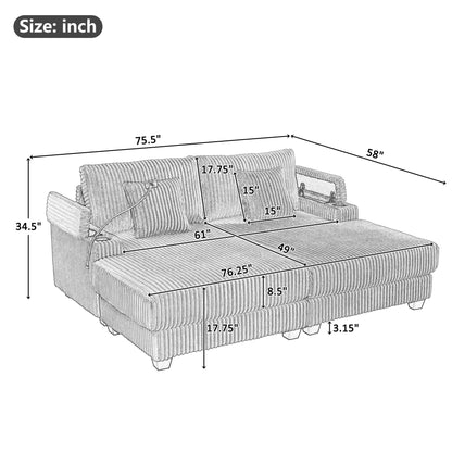 Chaise Sofa With Adjustable Backrest, Cup Holders, Phone Holder &amp; Storage Compartments For Living Room - Light Gray