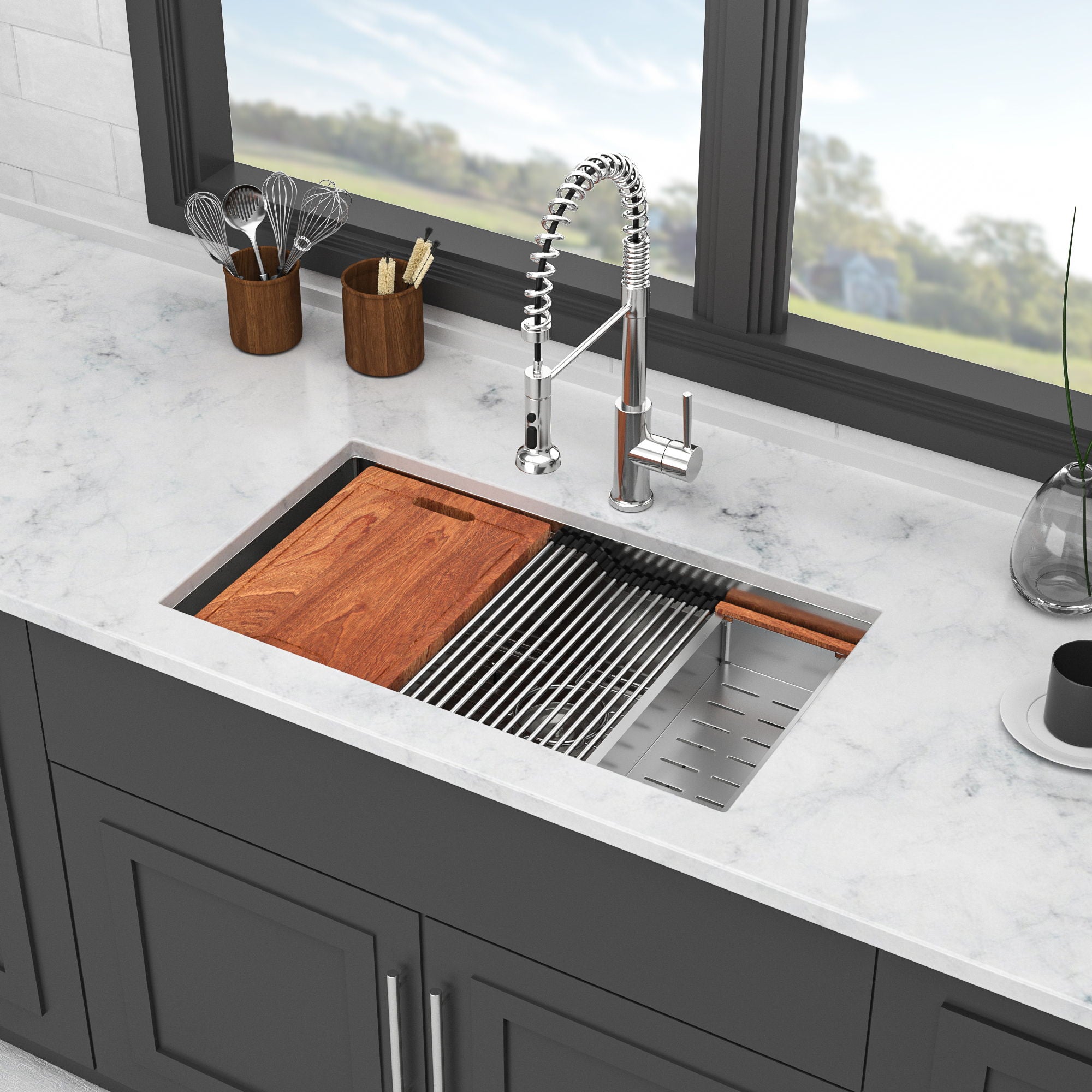 33&quot; Undermount Kitchen Sink Single Bowl Ledge Workstation In 16 Gauge Stainless Steel - White