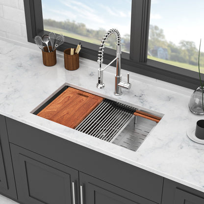 33&quot; Undermount Kitchen Sink Single Bowl Ledge Workstation In 16 Gauge Stainless Steel - White