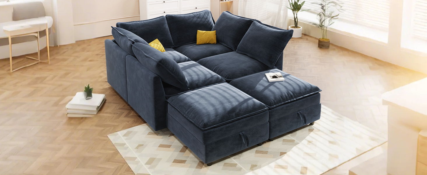 Versatile 6 Piece Modular Sofa Bed With Storage, Stylish Faux Double Layer Cushions, Comfortable &amp; Durable Design, Perfect For Any Living Space