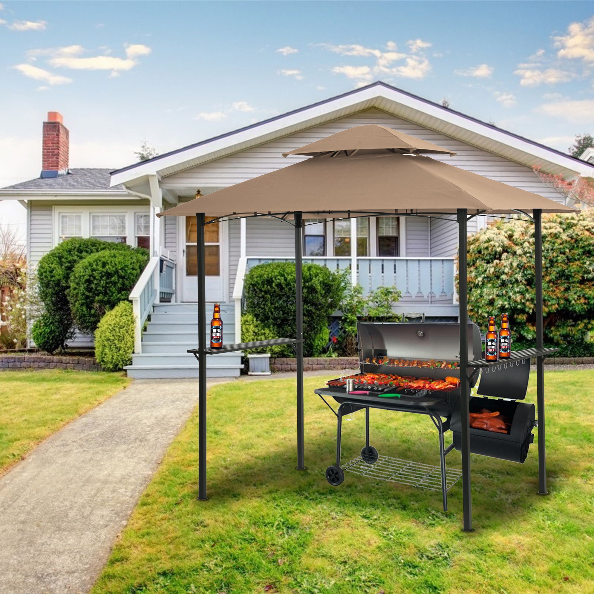 Outdoor Grill Gazebo With Double Tier Soft Top Canopy, Steel Frame, Bar Counters &amp; Hook