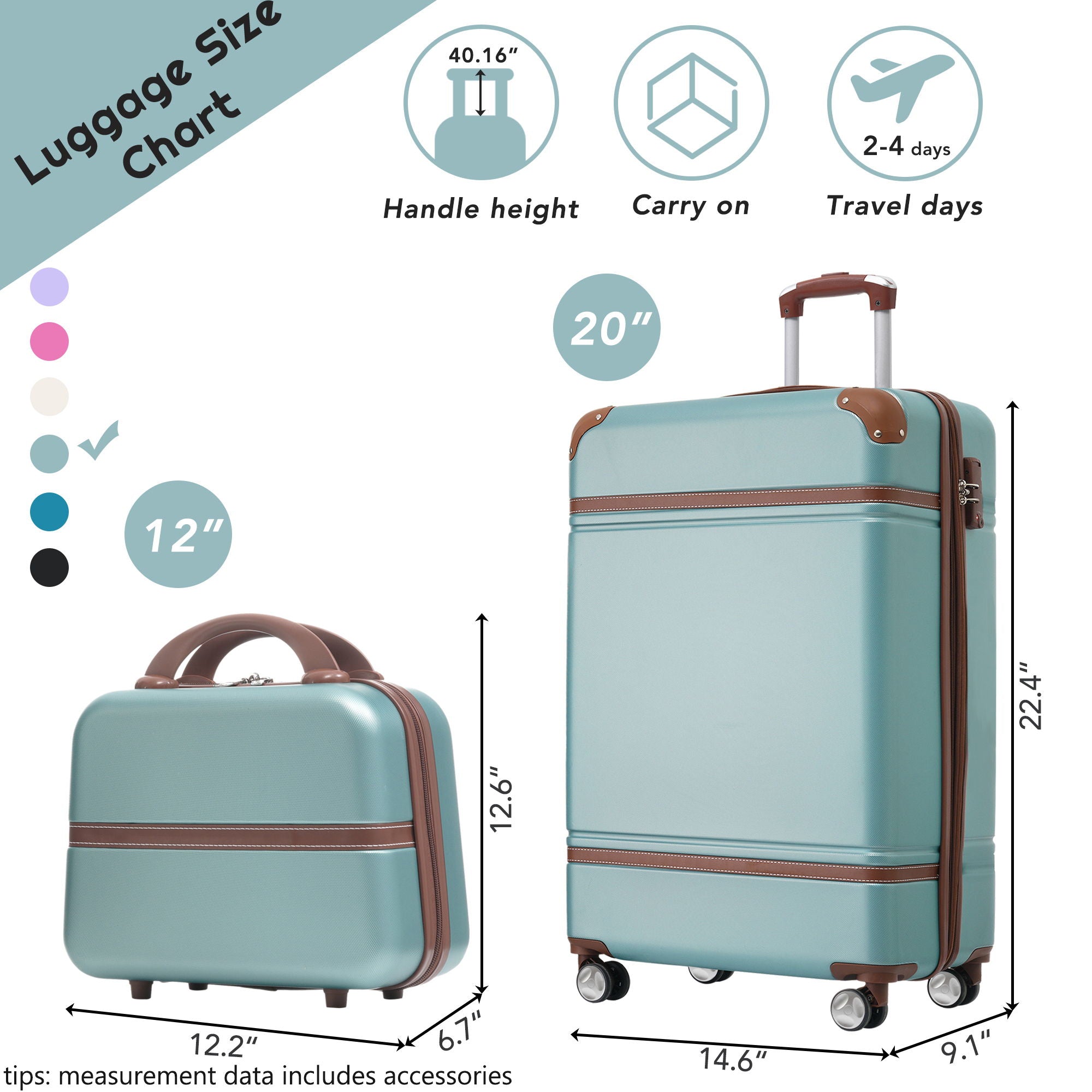 20&quot; Hardside Luggage With Cosmetic Case, 2 Piece Lightweight Suitcase Set With Spinner Wheels, Carry On Vintage Luggage