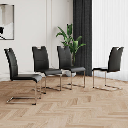 Modern Dining Chairs With Faux Leather Padded Seat Dining Living Room Chairs Upholstered Chair With Chrome Metal Legs Design Side Chairs (Set of 4) - Black / Silver