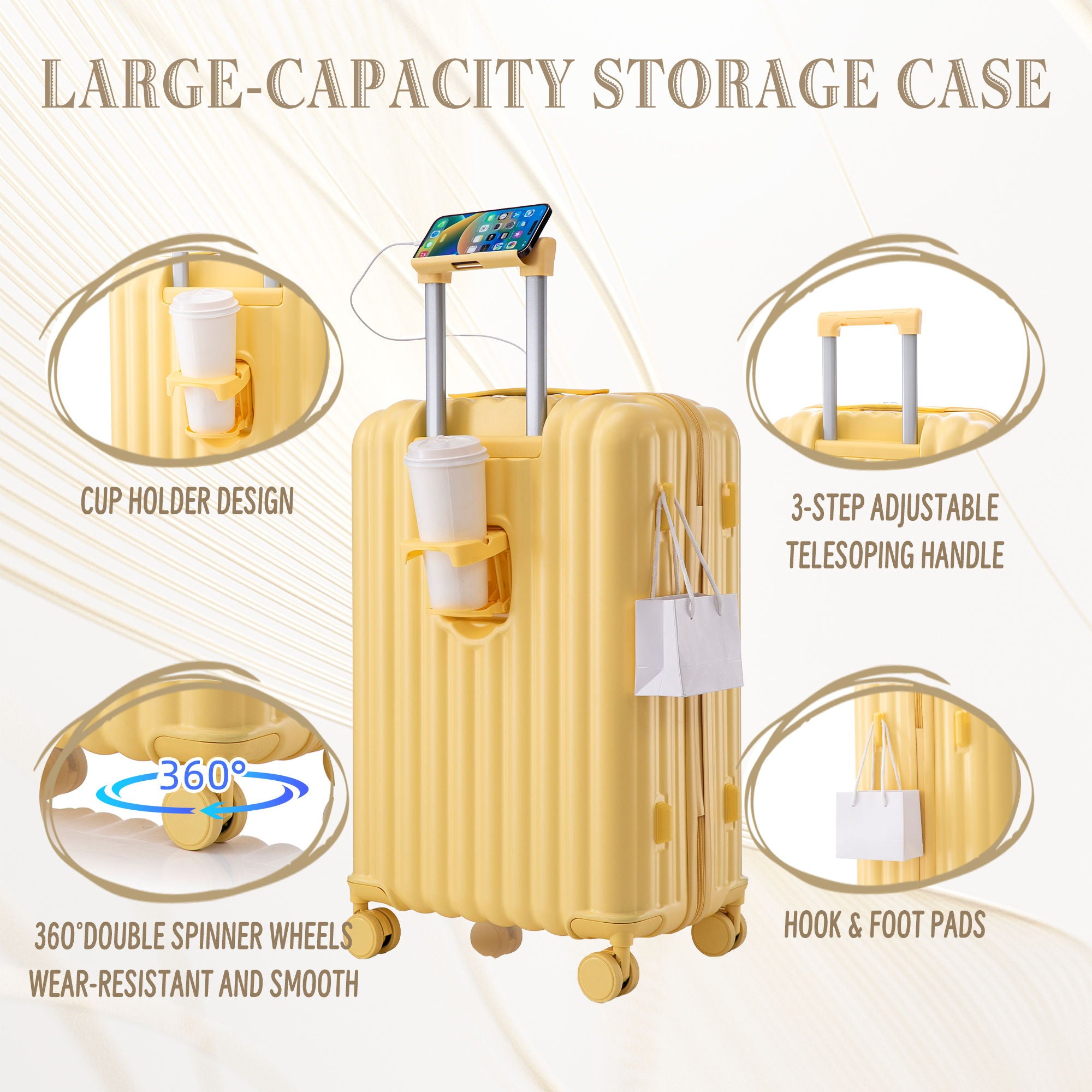 20&quot; / 24&quot; / 28&quot; 3 Pieces / Set Spinner Wheel Luggage, Carry On Suitcase, With Cup Holder &amp; USB Port &amp; Phone Holder