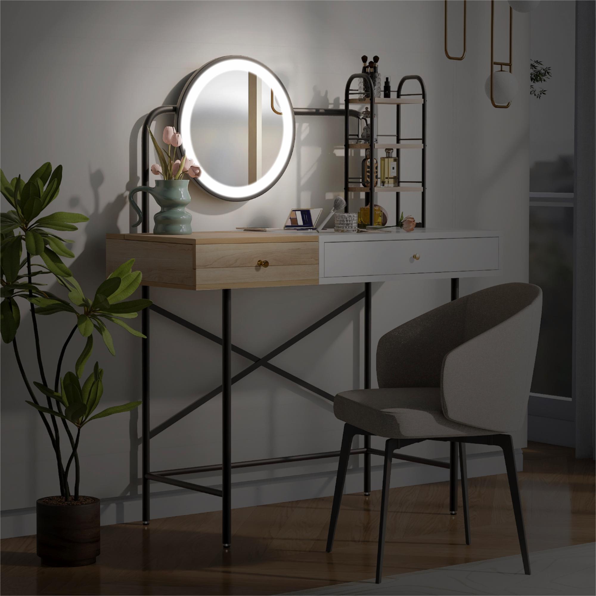 Makeup Vanity Desk With 3-Mode Lighted Mirror &amp; Wireless Charging Station, Vanity Table With Drawer &amp; 3 Open Shelves For Ample Storage Space, Dressing Table For Bedroom
