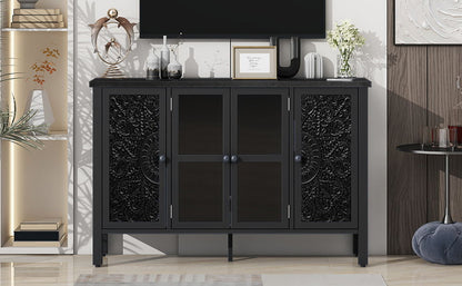 Retro TV Stand With 3 Spacious Cabinets, Glass Cabinet Doors And Anti-Tip Device