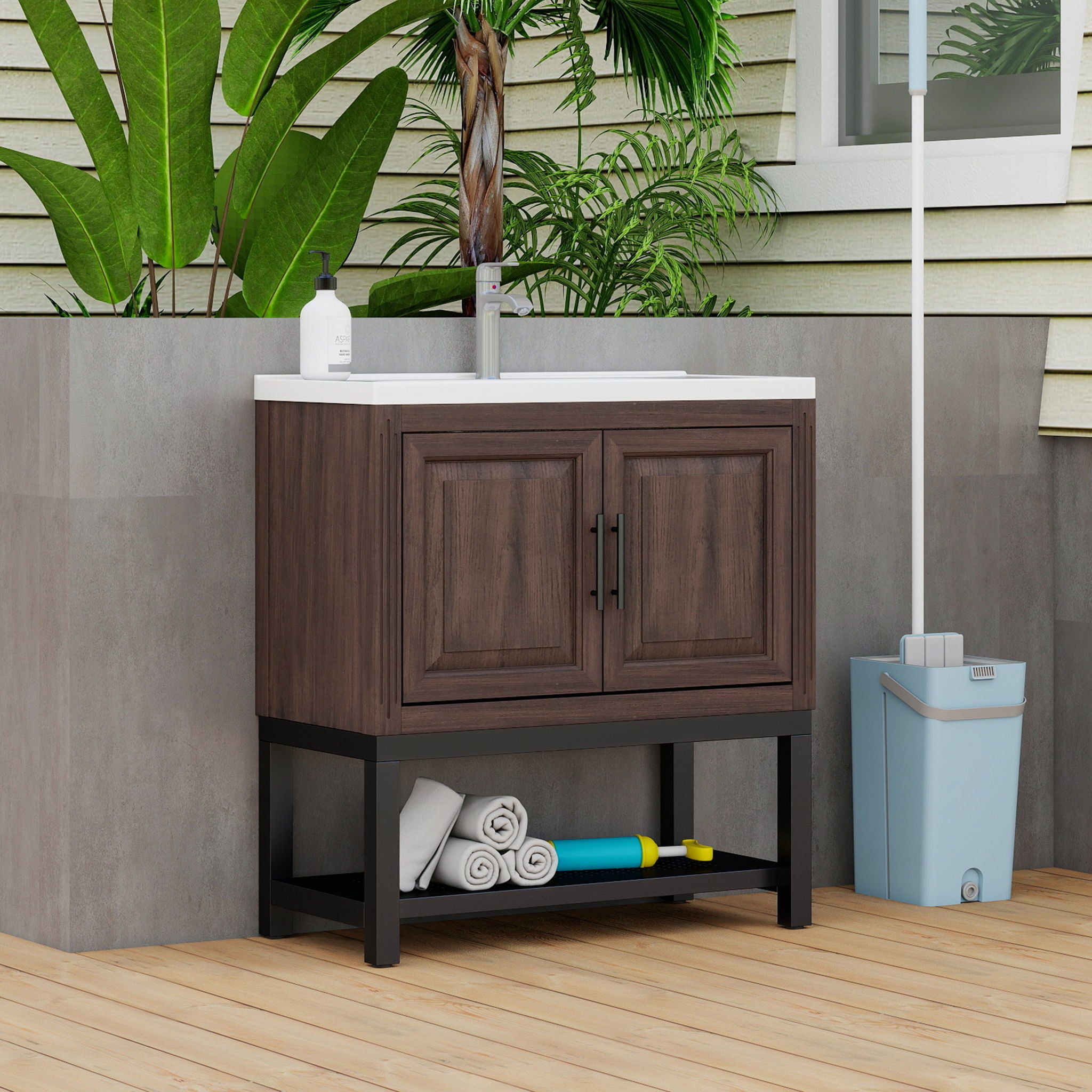 Modern Freestanding Bathroom Vanity With Ceramic Sink, Hot And Cold Faucet, Storage Cabinet &amp; Open Shelf