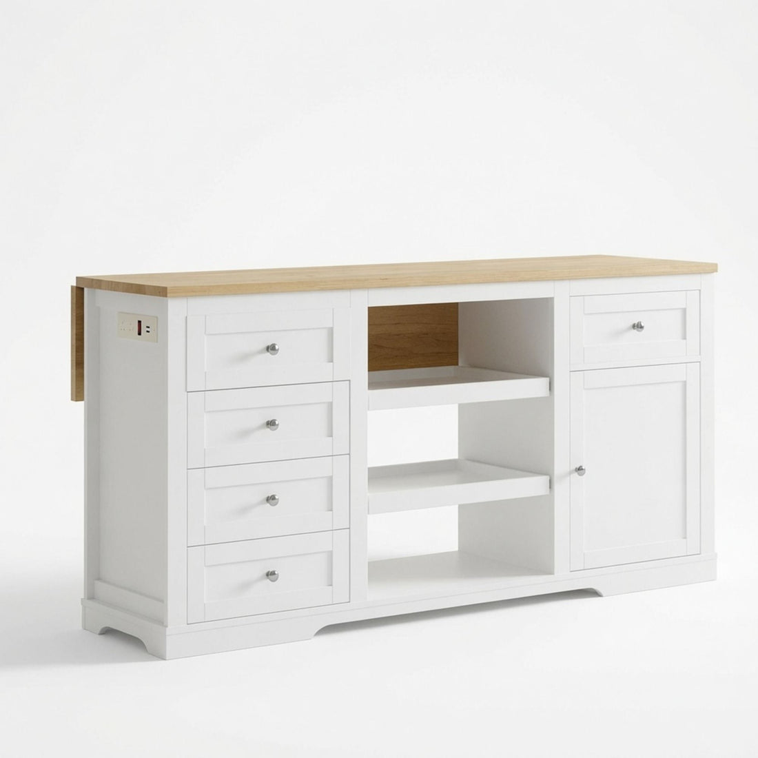 Drop Leaf Kitchen Island With Storage, Power Outlet &amp; Pet Bowl Drawer - White / Light Oak