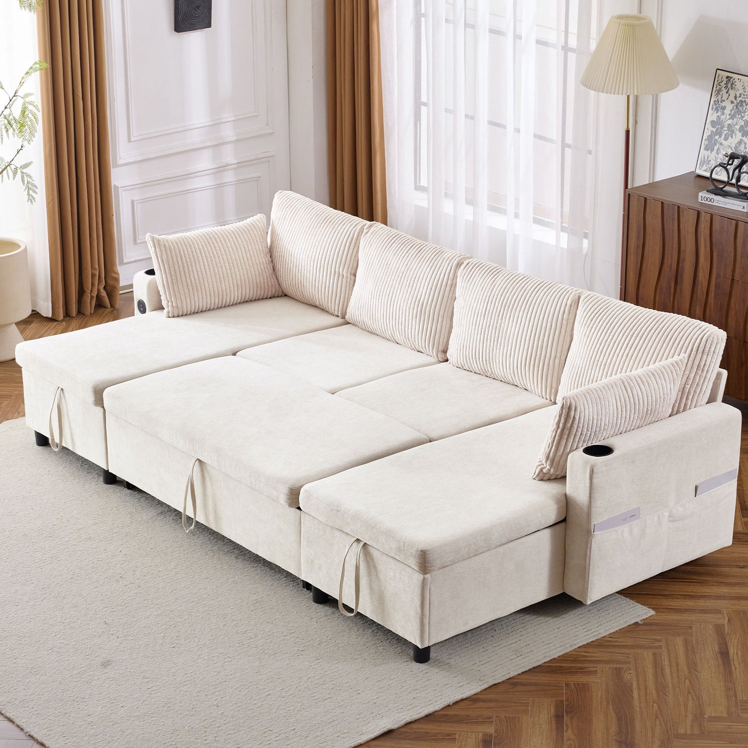 Sectional Sofa Bed With Pull Out Sleeper, USB Ports, Cup Holders