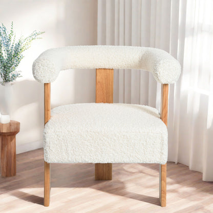 Mid-Century Modern Barrel Accent Chair, Upholstered Kitchen &amp; Dining Room Chairs With Arms, Teddy Velvet Boucle Accent Chairs Side Chairs For Kitchen Living Room Bedroom - White