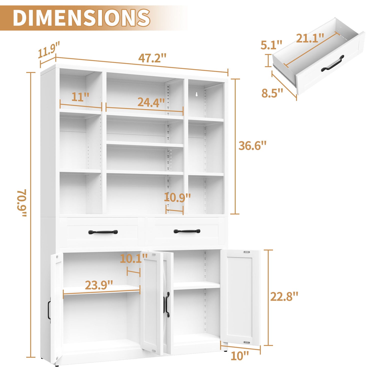 Industrial Bookcase Tall With Adjustable Shelves, Drawers &amp; Doors