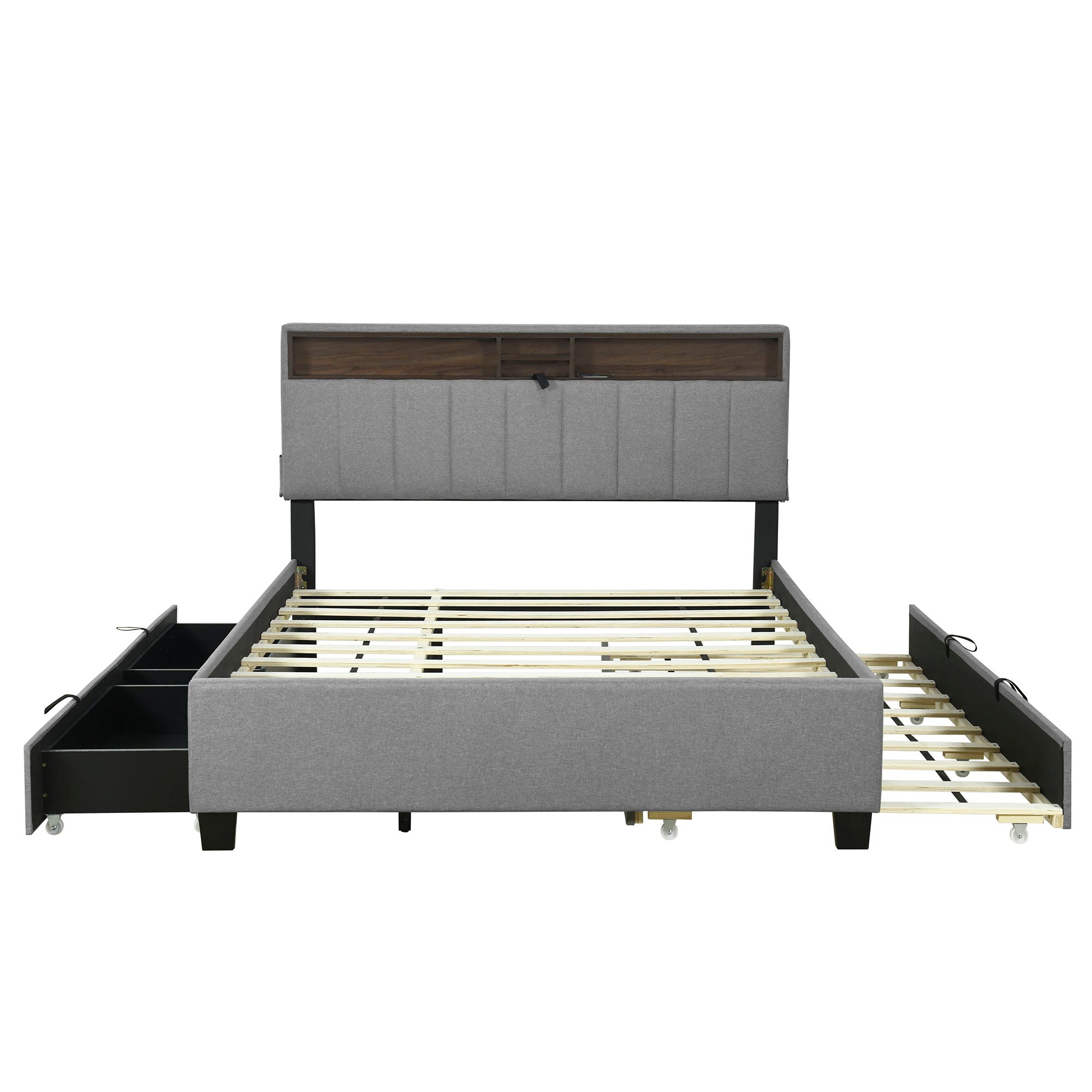 Upholstered Platform Bed With Storage Headboard, Trundle &amp; 2 Drawers And A Set Of Sockets &amp; USB Ports