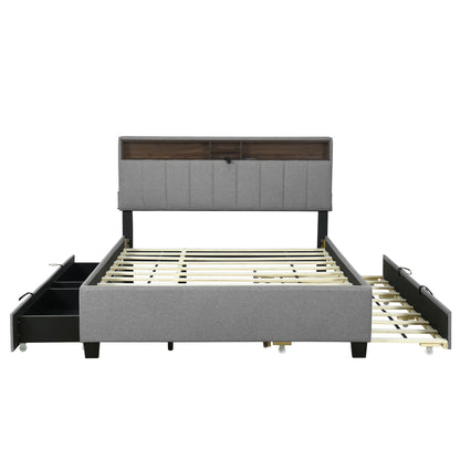 Upholstered Platform Bed With Storage Headboard, Trundle &amp; 2 Drawers And A Set Of Sockets &amp; USB Ports