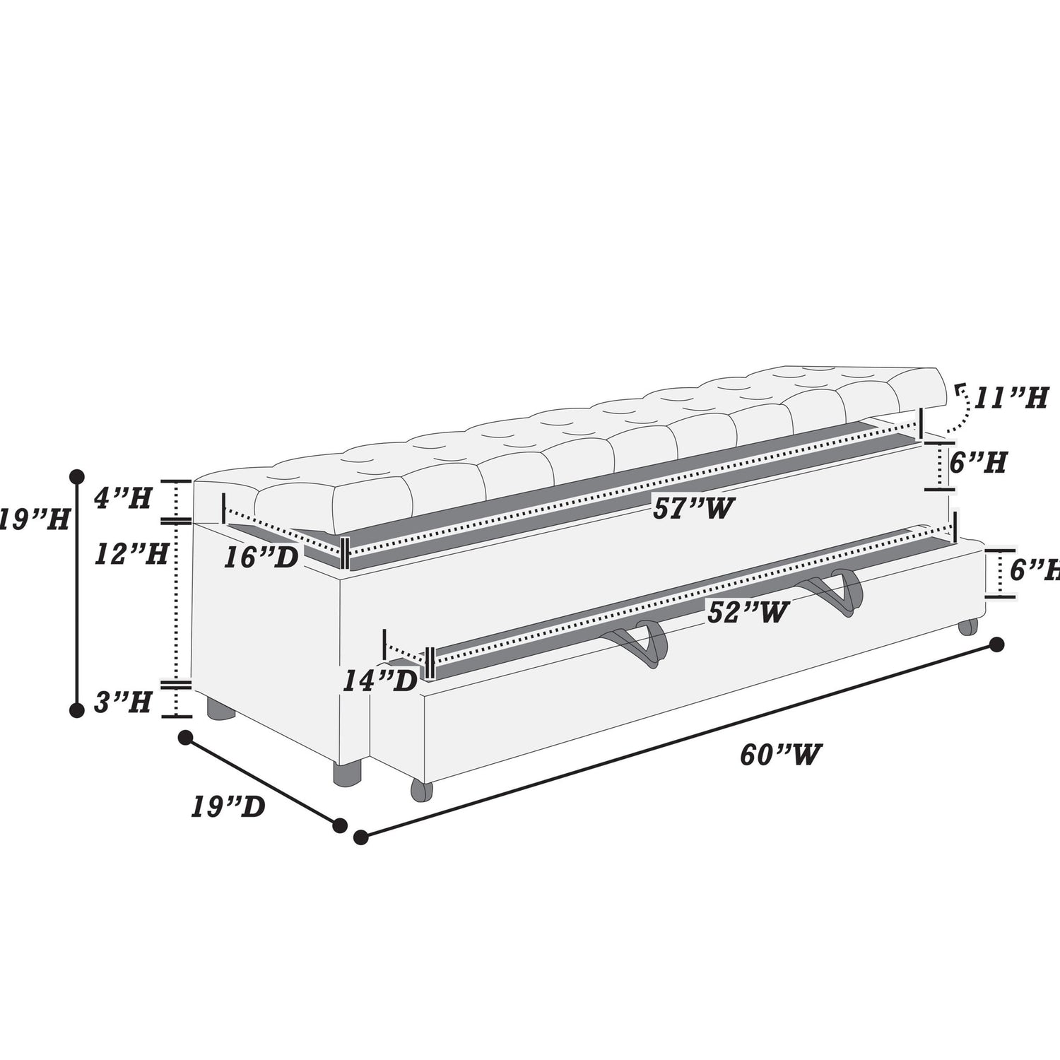 Storage Ottoman With Tufted Seat And Underseat Drawer