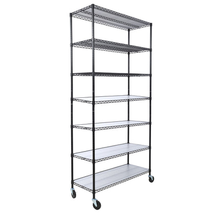 7 Tier Metal Shelf Wire Shelving Unit, 2450Lbs Heavy Duty Adjustable Storage Rack With Wheels &amp; Shelf Liners For Closet Kitchen Garage Basement Commercial Shelving
