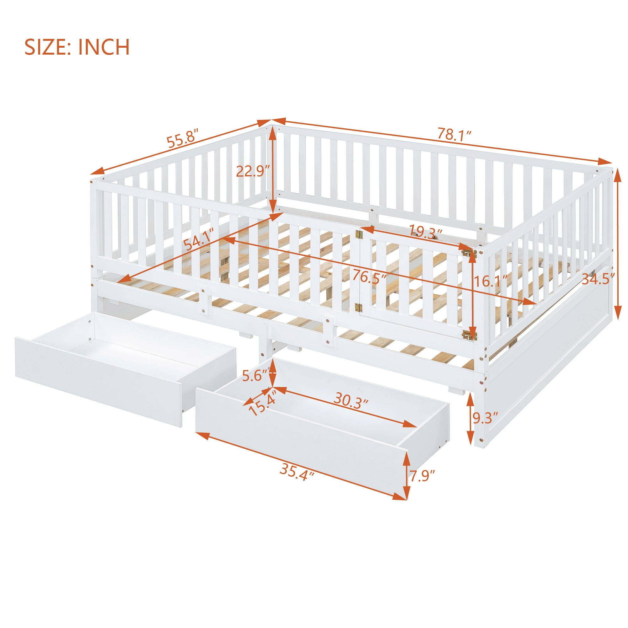 Daybed With Fence Guardrails And 2 Drawers, Split Into Independent Floor Bed &amp; Daybed