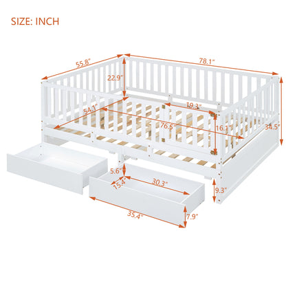 Daybed With Fence Guardrails And 2 Drawers, Split Into Independent Floor Bed &amp; Daybed