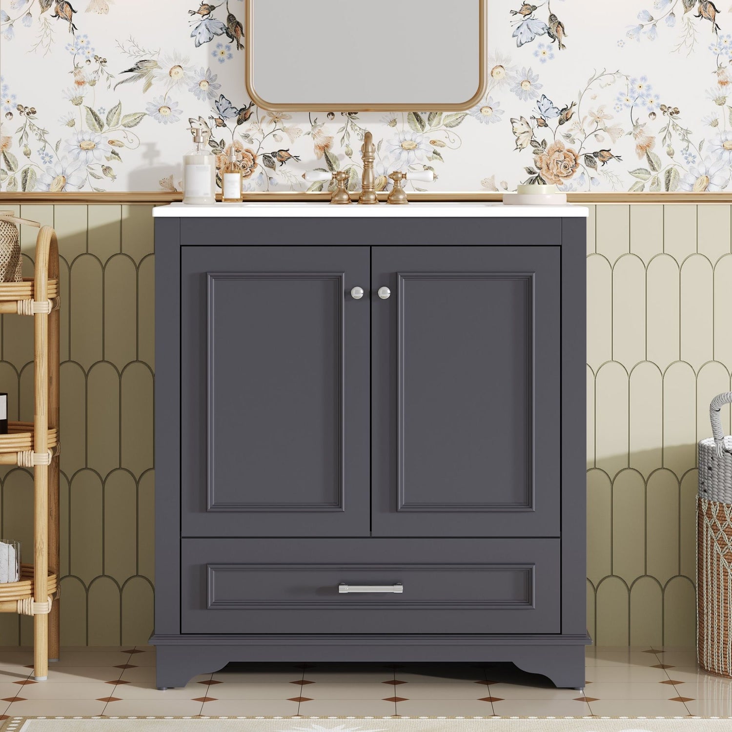 Bathroom Vanity With Sink, Cabinet &amp; 2 Soft Closing Doors &amp; Adjustable Shelf