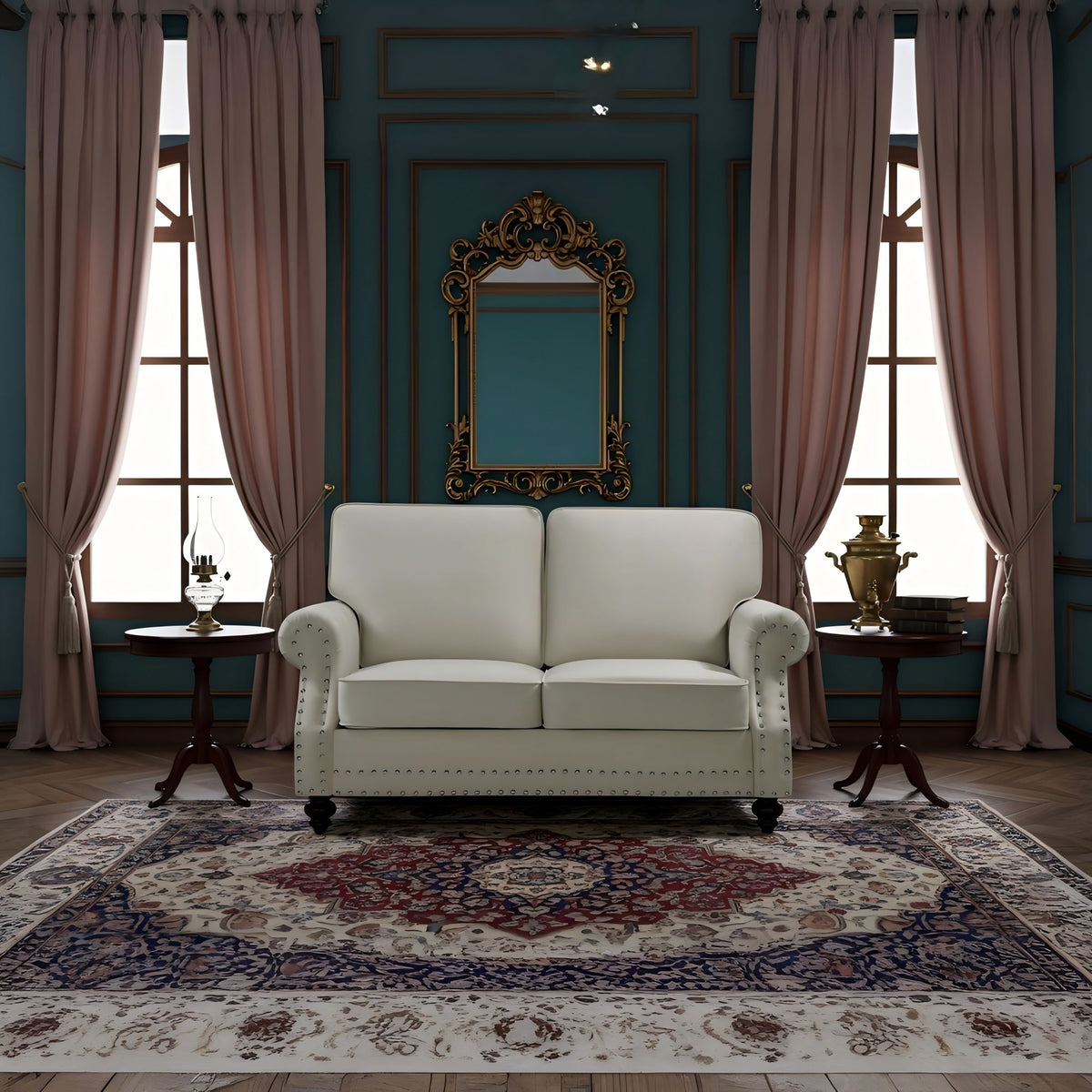 Loveseat Sofa With Nailhead Detail &amp; Turned Legs, 2 Seater Upholstered Couch