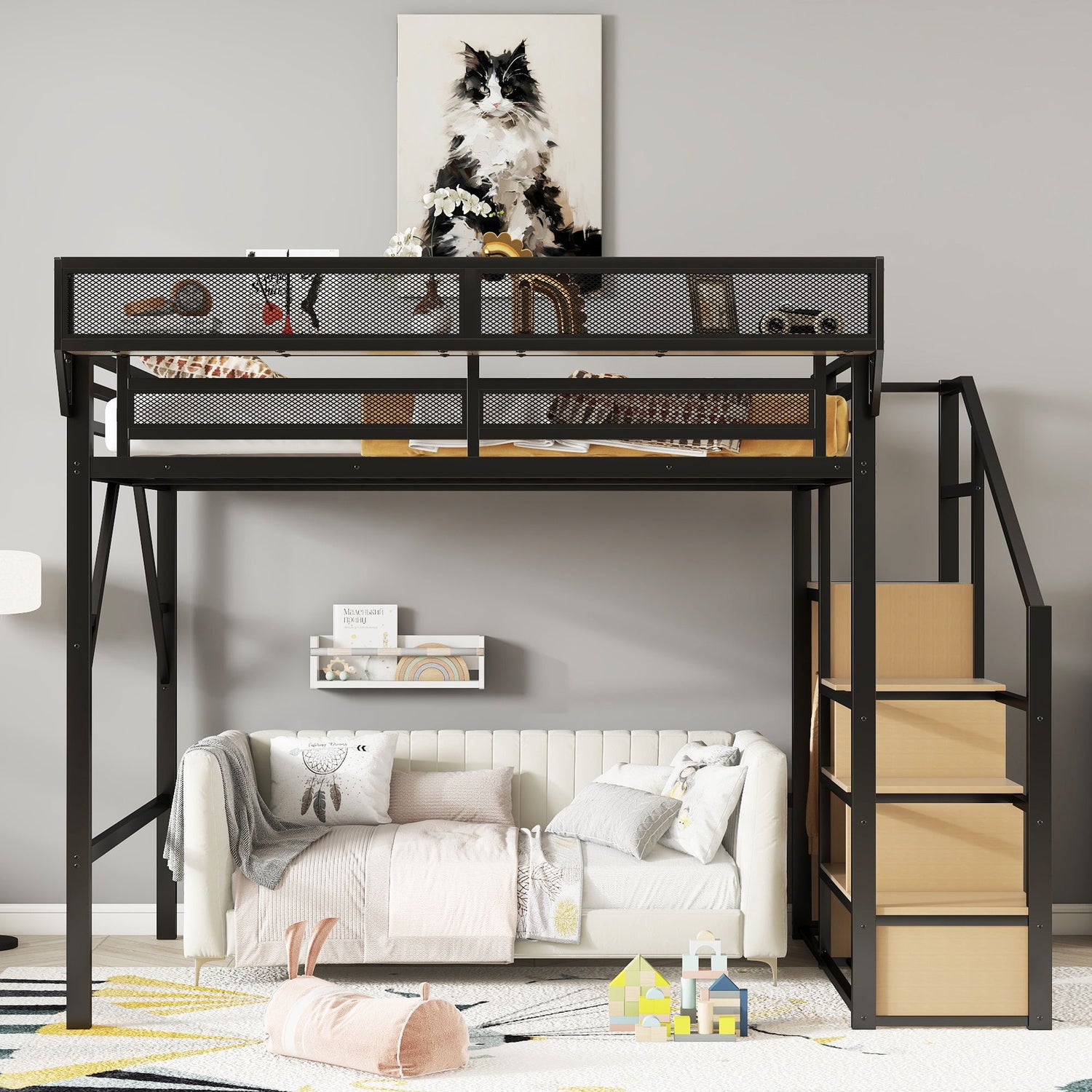 Queen Size Loft Bed &amp; Stairs, Storage Shelves, Wardrobe - Black / Wood