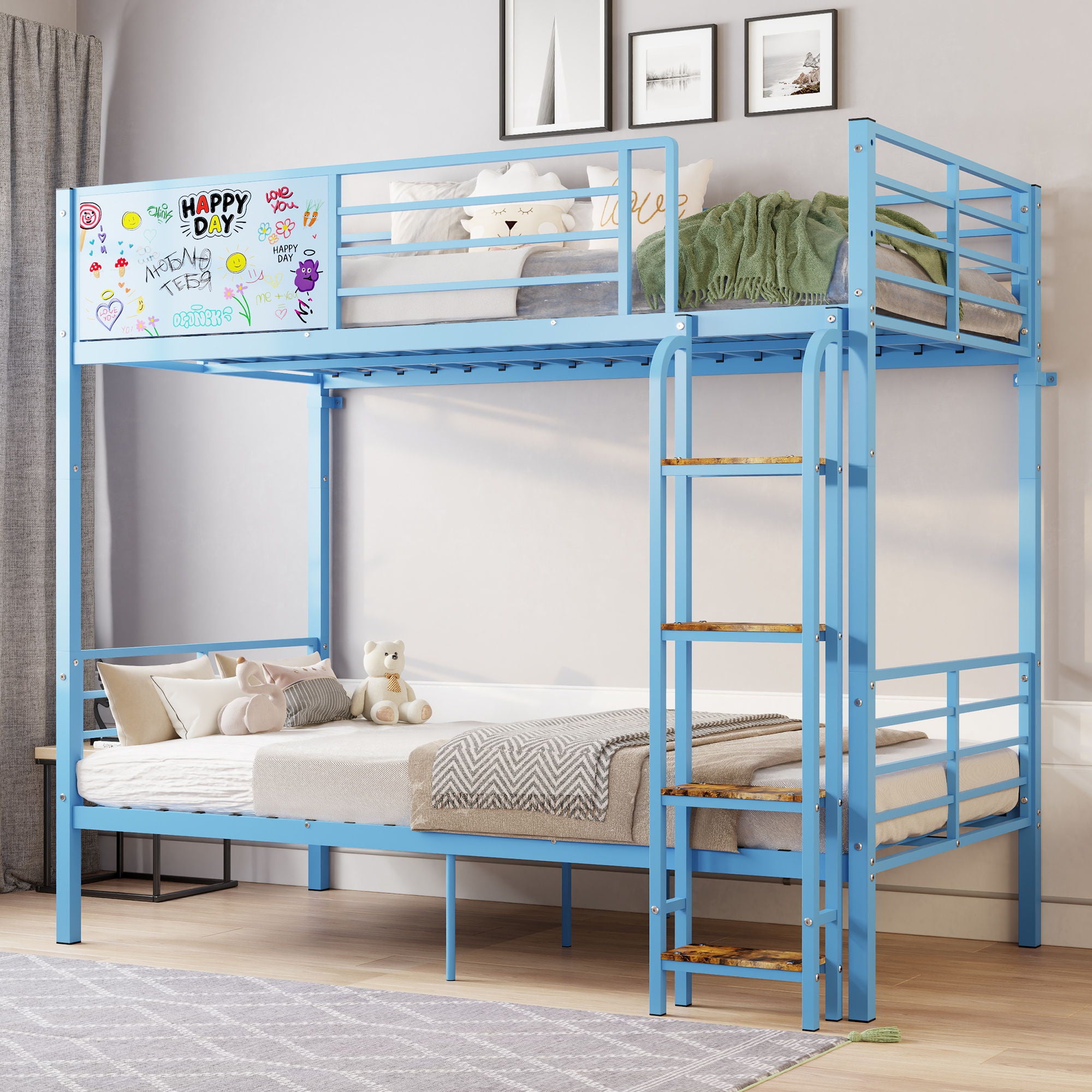 Bunk Bed, Convertible To 2 Separate Twin Size Beds &amp; Full Length Guardrail &amp; Ladder, No Box Spring Needed - Blue