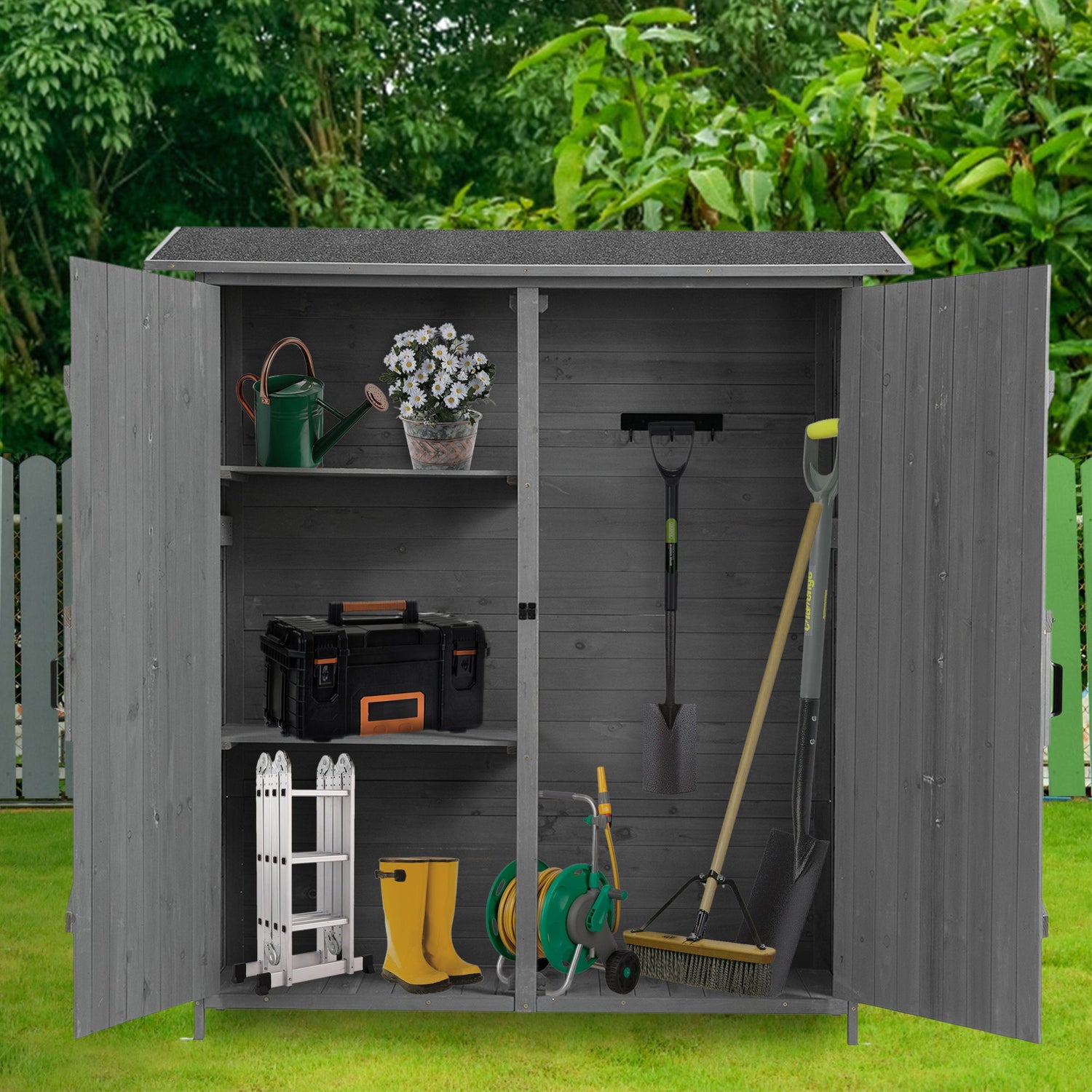 Outdoor Storage Shed With Lockable Door, Wooden Tool Storage Shed With Detachable Shelves &amp; Pitch Roof