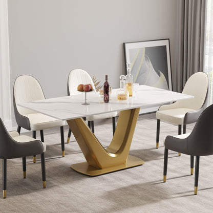70.84&quot; Modern Artificial Stone Panel V-Shaped Metal Legs, Can Accommodate 6-8 People - White / Gold