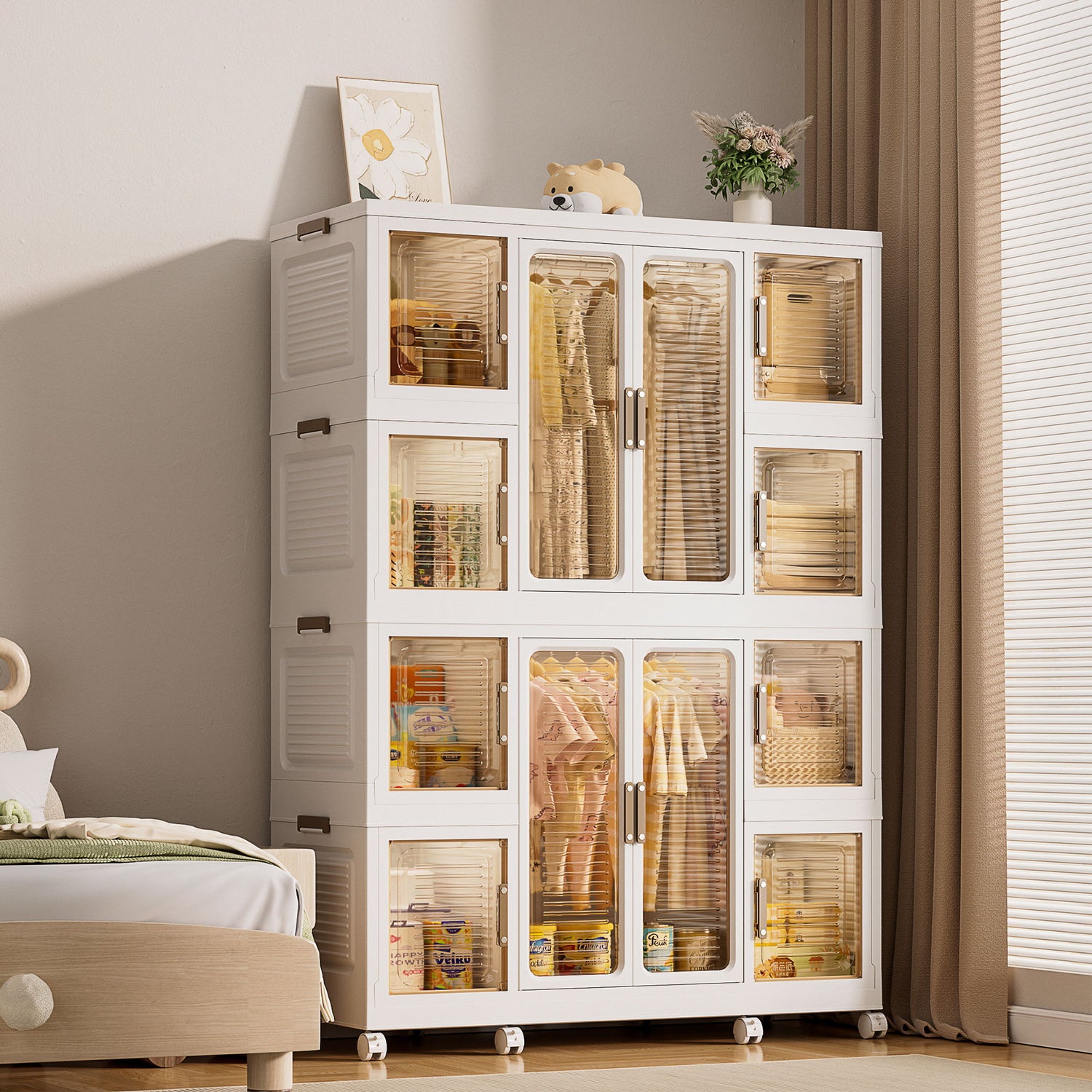 Portable Wardrobe Closet Storage Organizer For Clothes With Magnetic Doors, 12 Cubes &amp; 2 Hanging Rods - White
