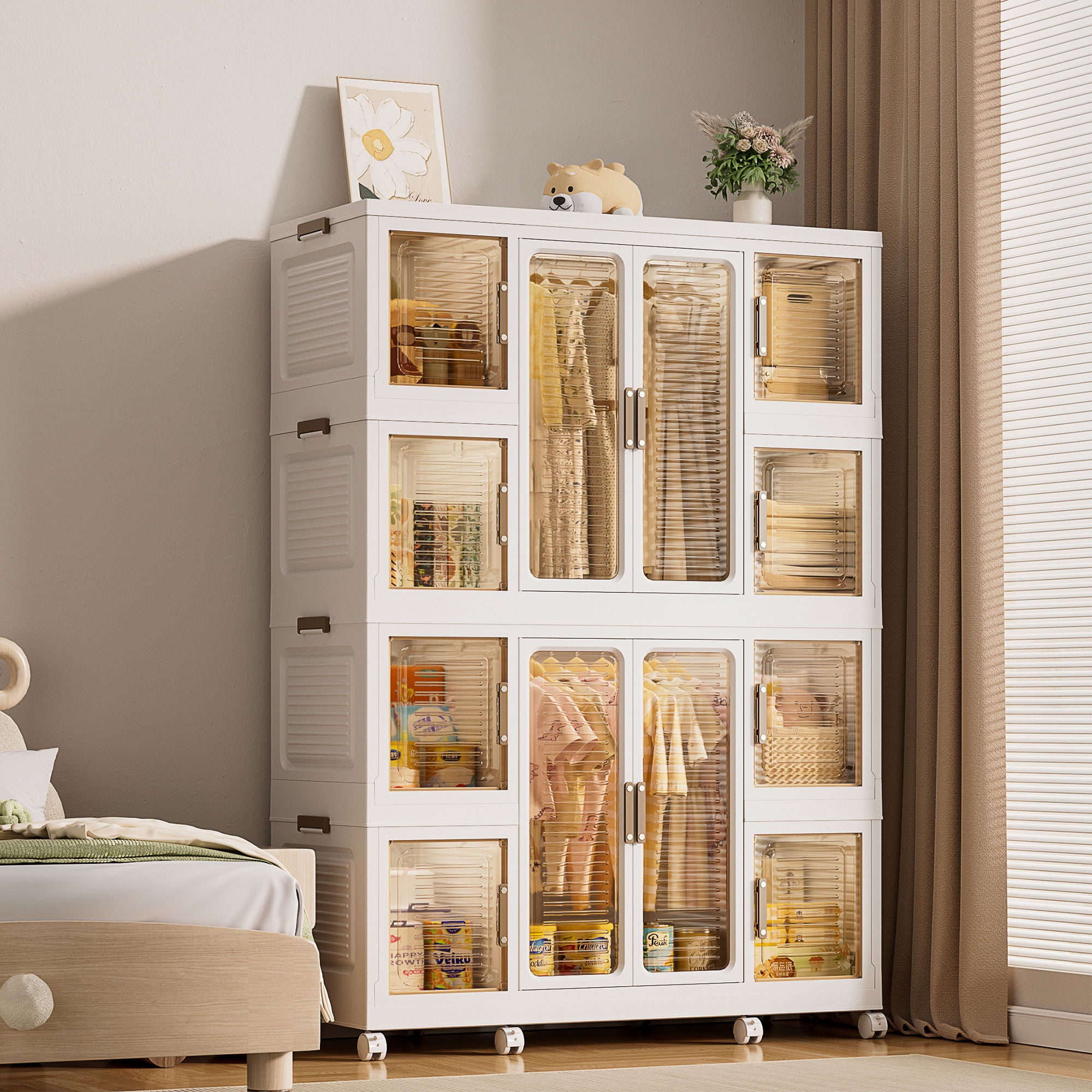 Portable Wardrobe Closet Storage Organizer For Clothes With Magnetic Doors, 12 Cubes &amp; 2 Hanging Rods - White