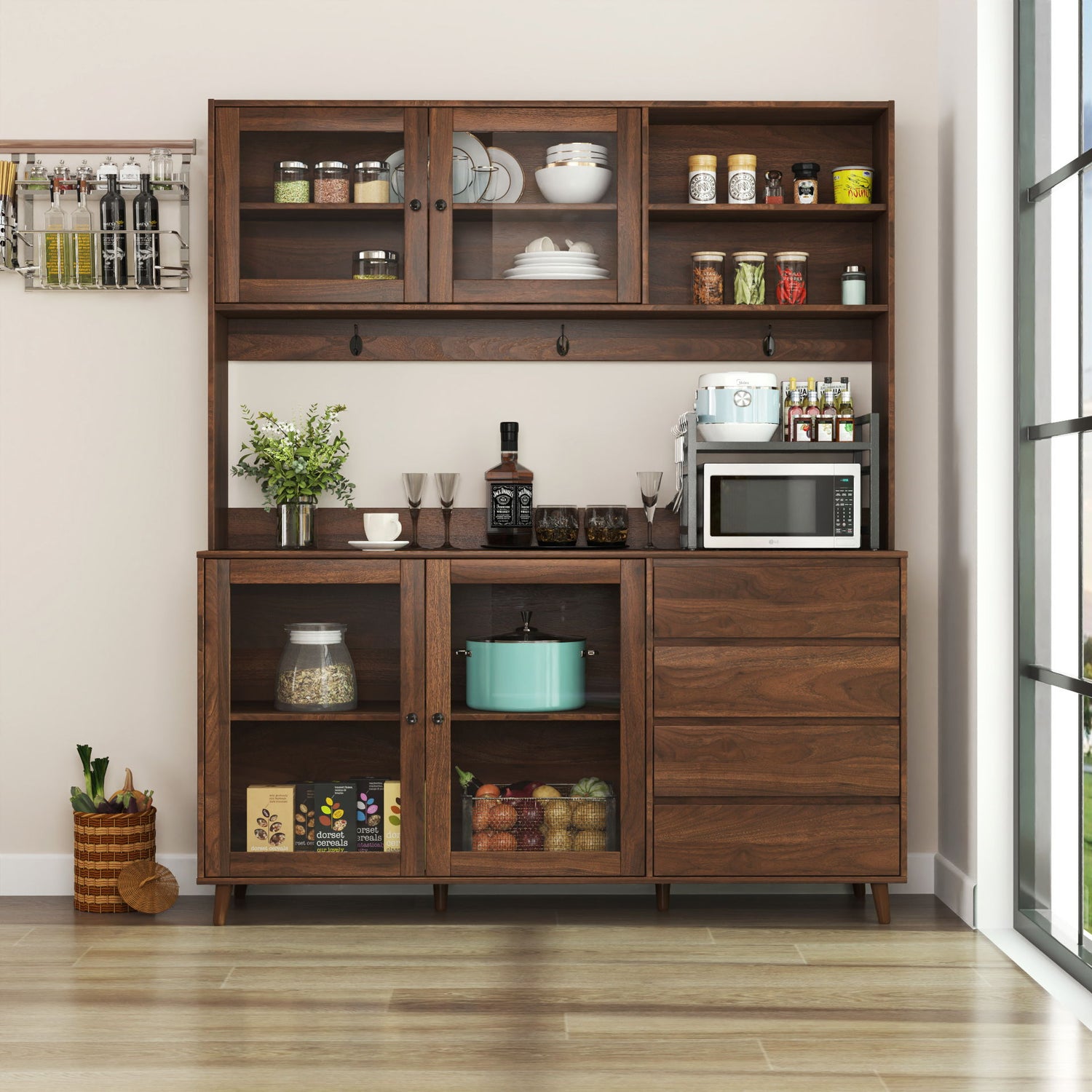 Large Kitchen Hutch Cabinet, Storage Kitchen Cupboard With 4 Doors, 4 Drawers &amp; Microwave Shelf - Walnut