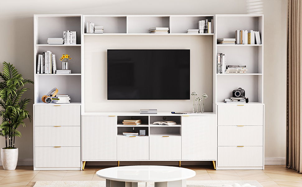 4 Piece Entertainment Wall Unit With 13 Shelves, 8 Drawers And 2 Cabinets, Multifunctional TV Stand Media Storage Cabinet With Fluted Line Surface For Living Room, For TVs Up To 70&quot;
