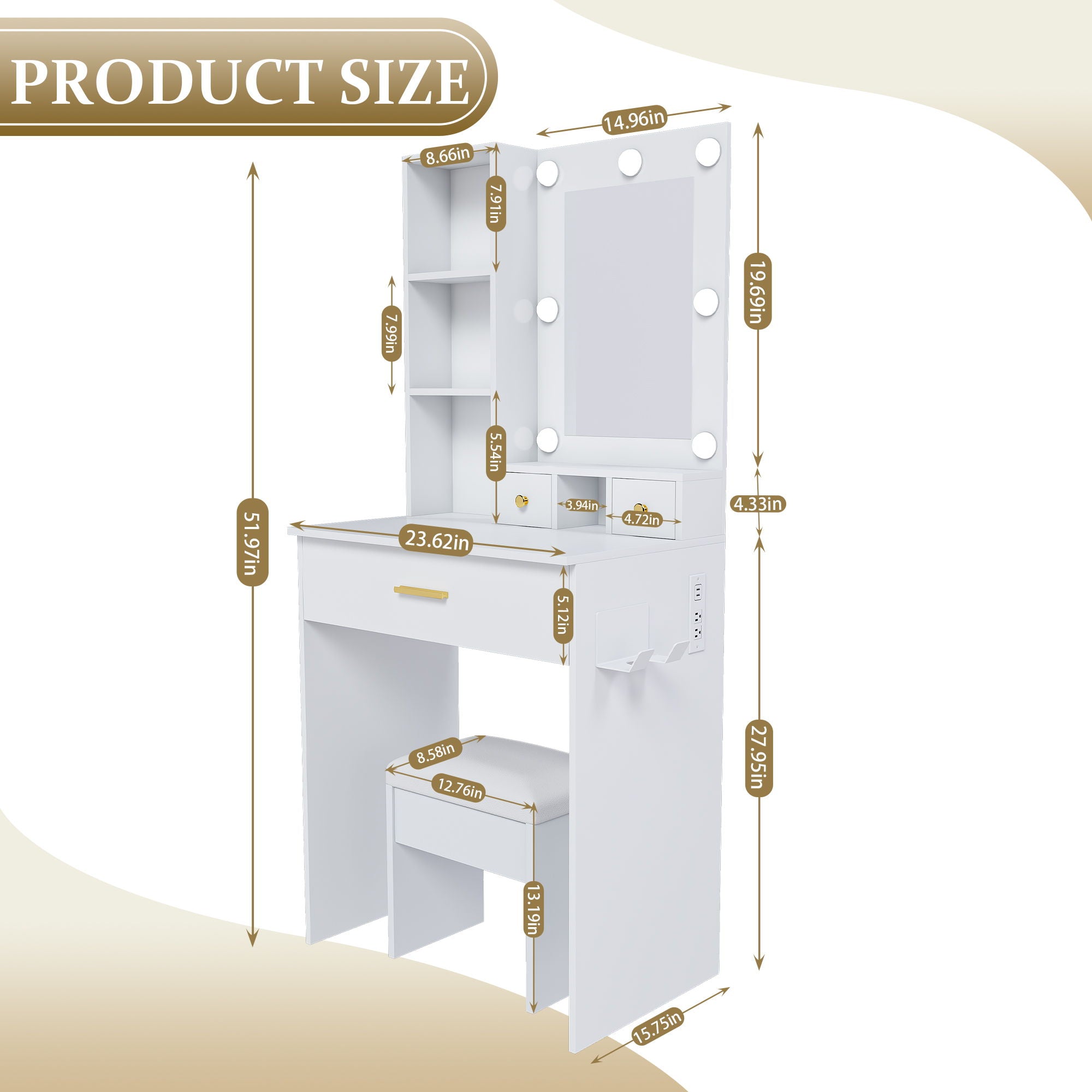 Vanity Table With Mirror, Adjustable LED Lights, Power Outlet, Hairdryer Holder &amp; Stool