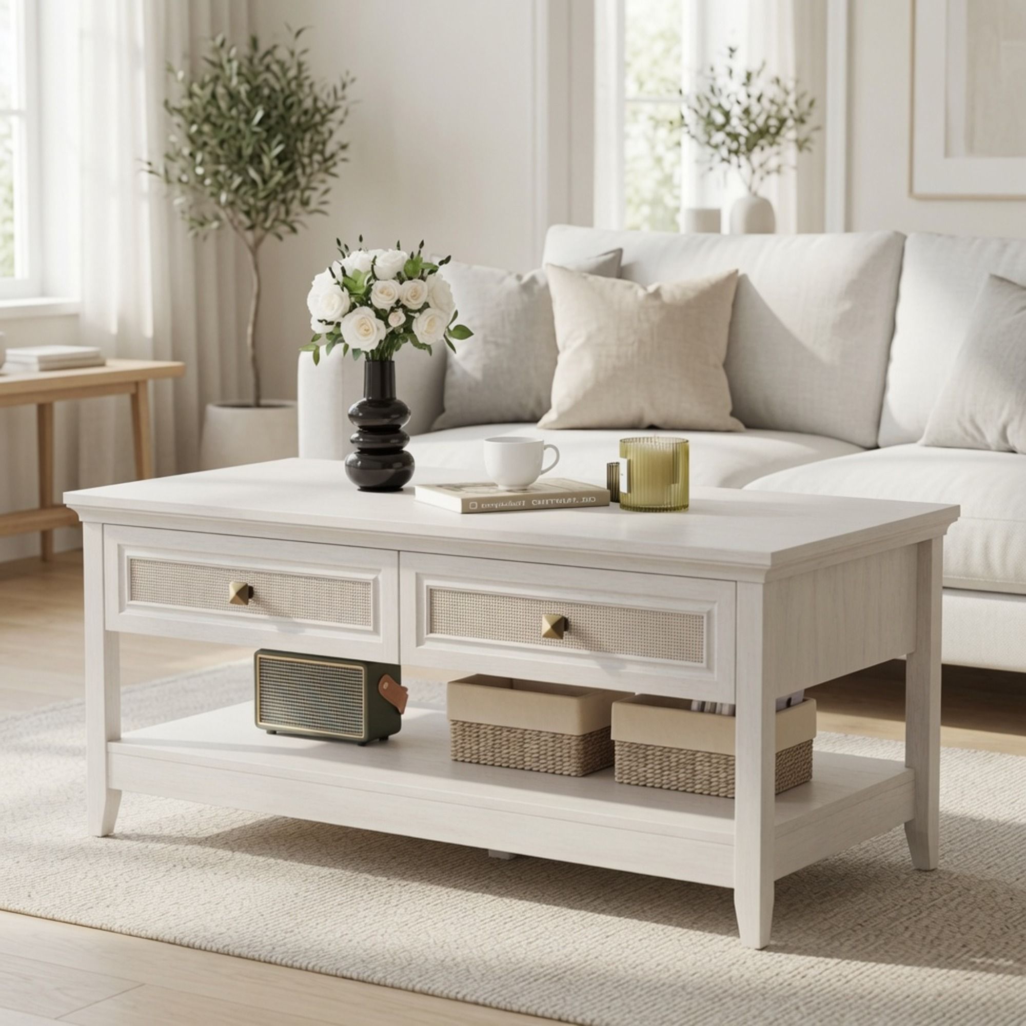 Coffee Table With Drawers &amp; Storage Shelf - White