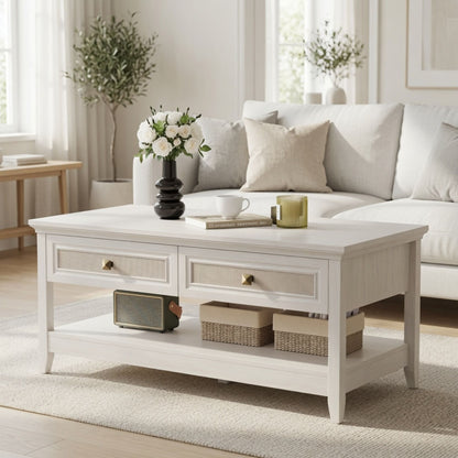 Coffee Table With Drawers &amp; Storage Shelf - White