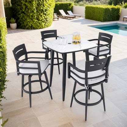 Modern Outdoor Patio Bar Set, Rounded Square Table &amp; Bar Chairs, Non Rust Frame, Tapered Legs, Sunbrella Cushion