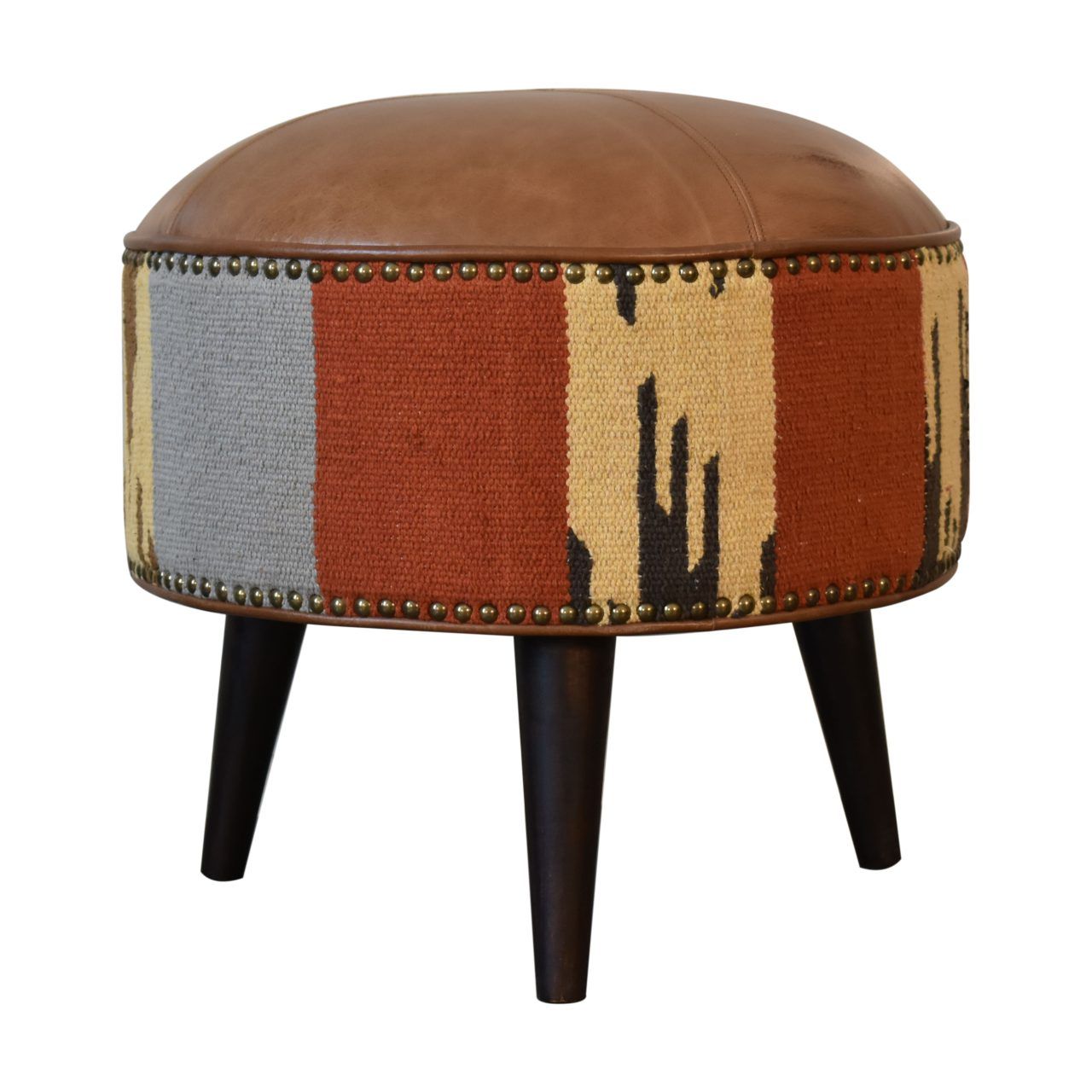 Durrie &amp; Leather Mixed Footstool - Brown