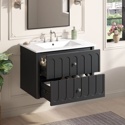 Floating Bathroom Vanity With Oval Knobs &amp; Round Edge, Soft Close Drawer Slides