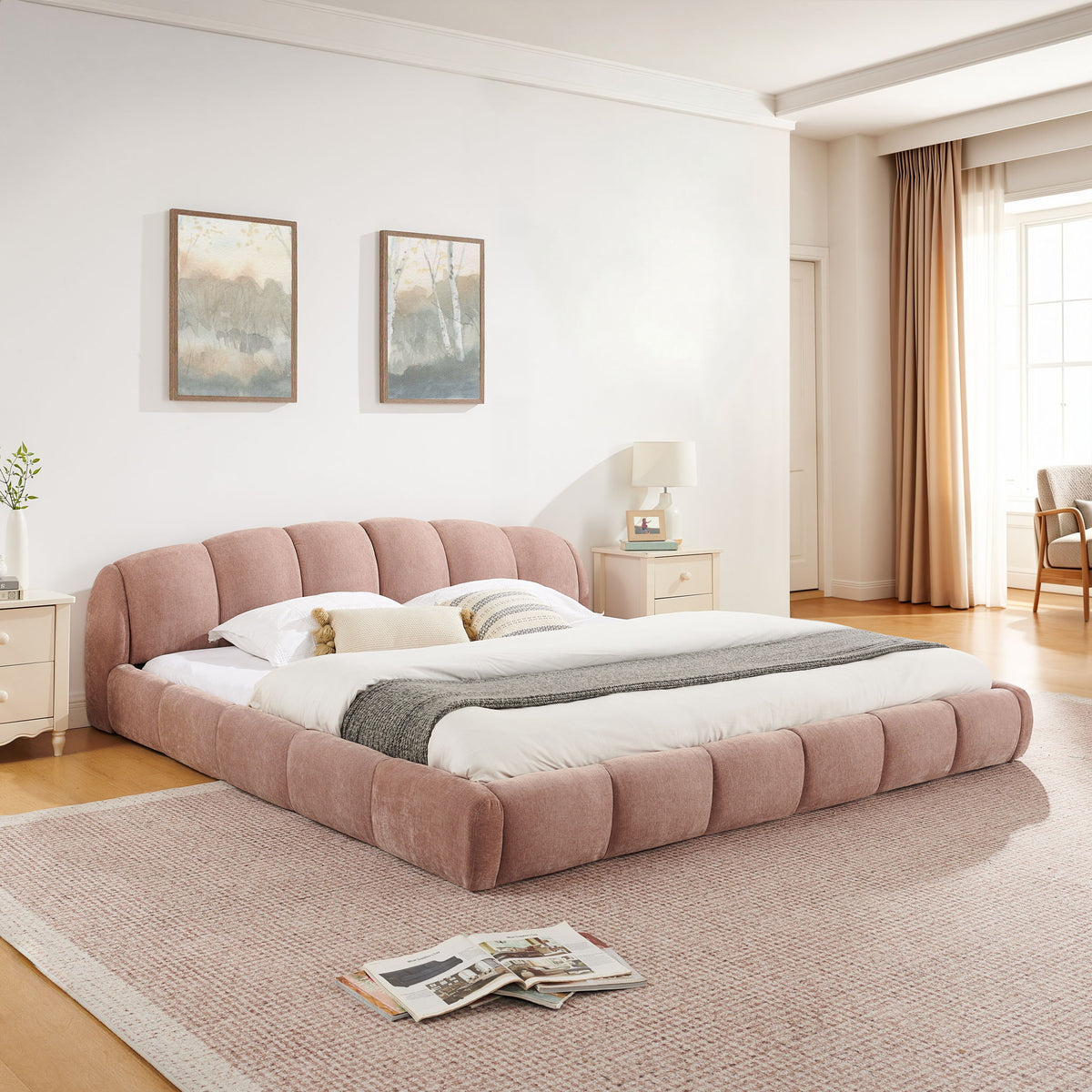 Upholstered Platform Bed Frame, Low Profile Floor Bed, No Box Spring Required