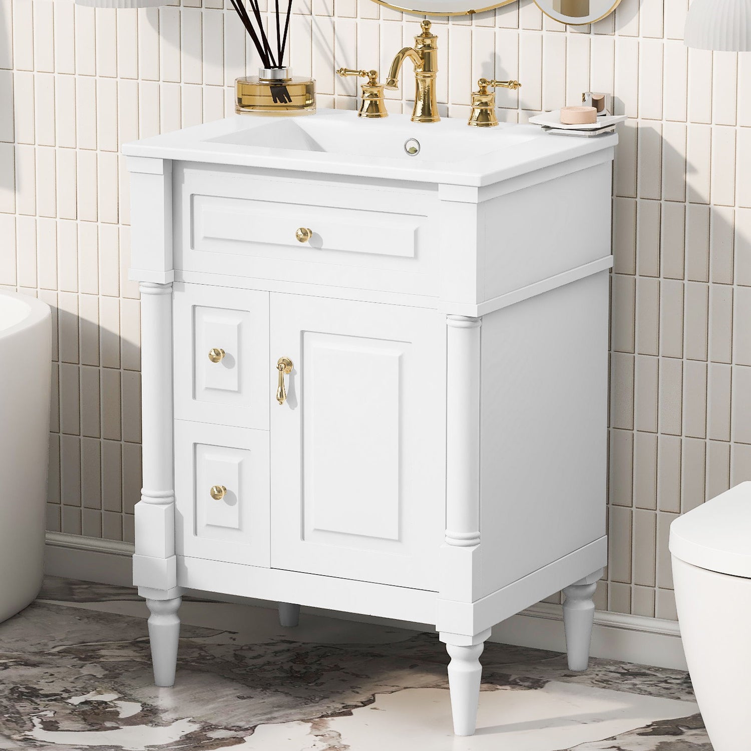 Freestanding Bathroom Vanity With Sink, Adjustable Shelf &amp; Flip Drawer
