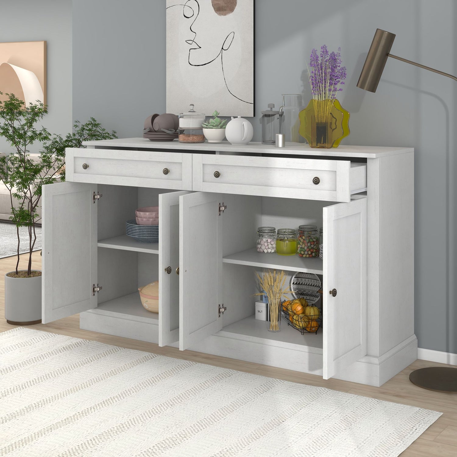 Kitchen Sideboard Storage Buffet Cabinet With 2 Drawers &amp; 4 Doors Adjustable Shelves For Dining Room, Living Room