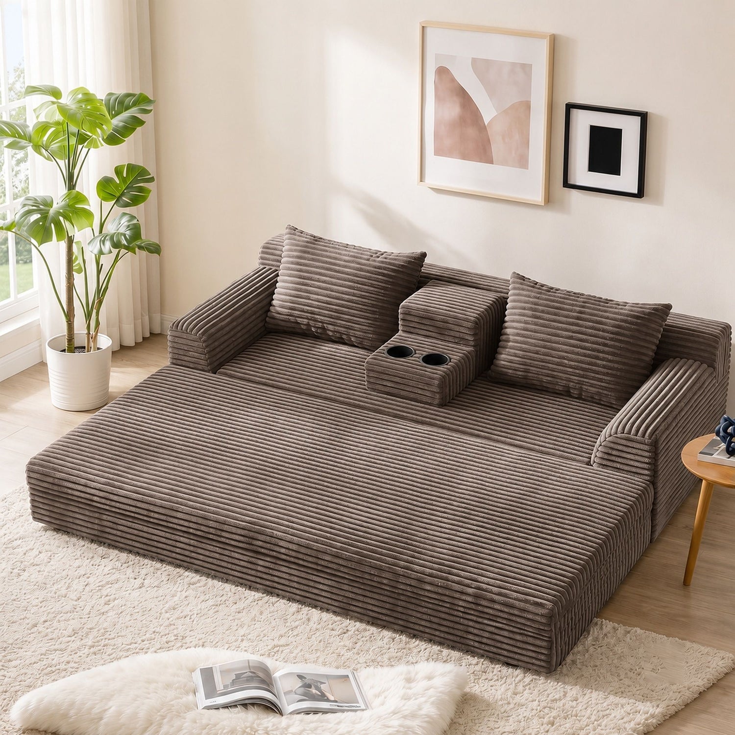 Soft Striped Convertible Sofa Bed, Dual Use Lounge Couch With Cup Holders And Pillows