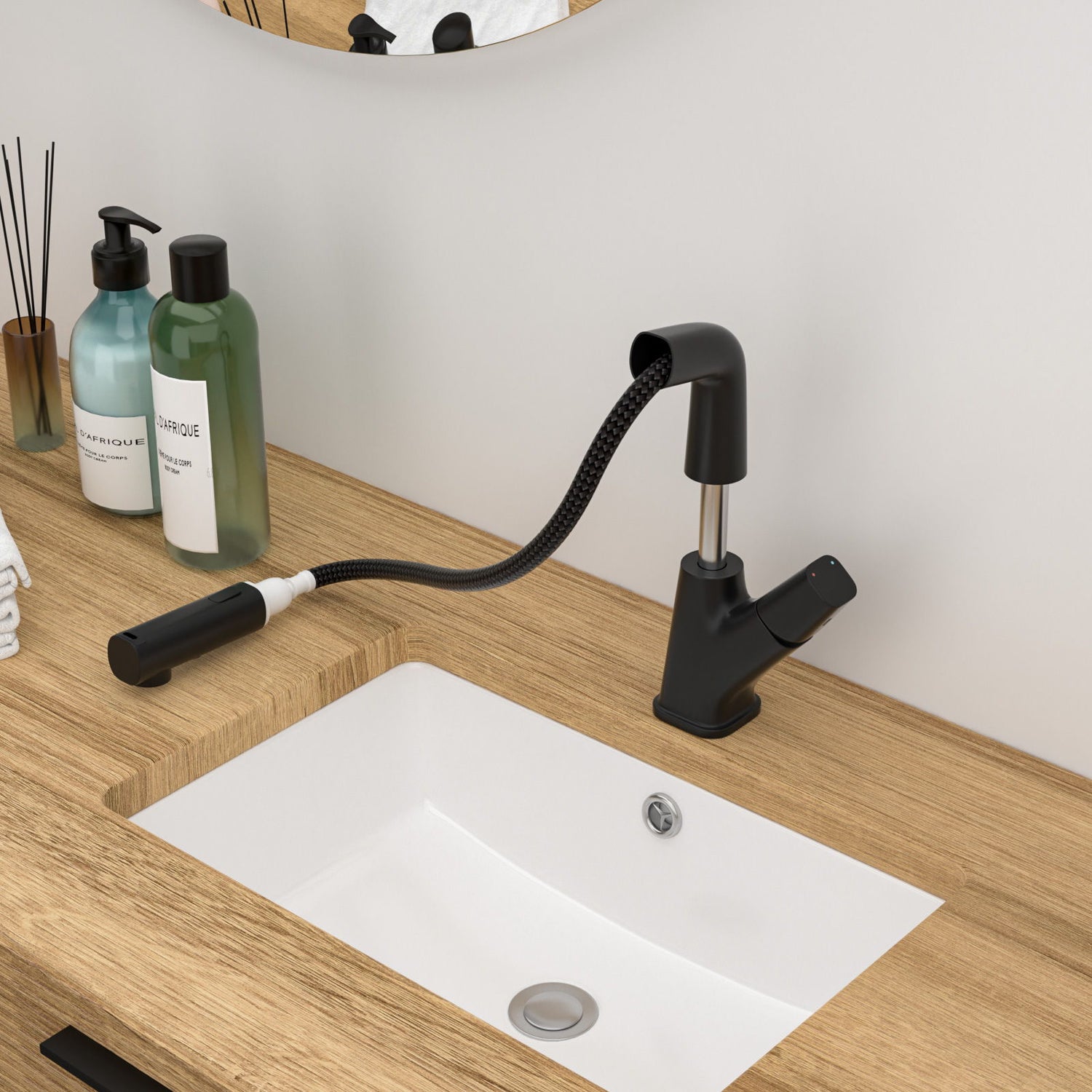 Pull Down Bathroom Sink Faucet With Three Water Modes And Construction - Matte Black