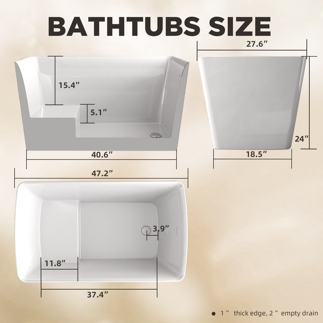 Freestanding Bathtub With Built In Seat, Rectangle Shape, Invisible Overflow &amp; Pop Up Drain - Gloss White