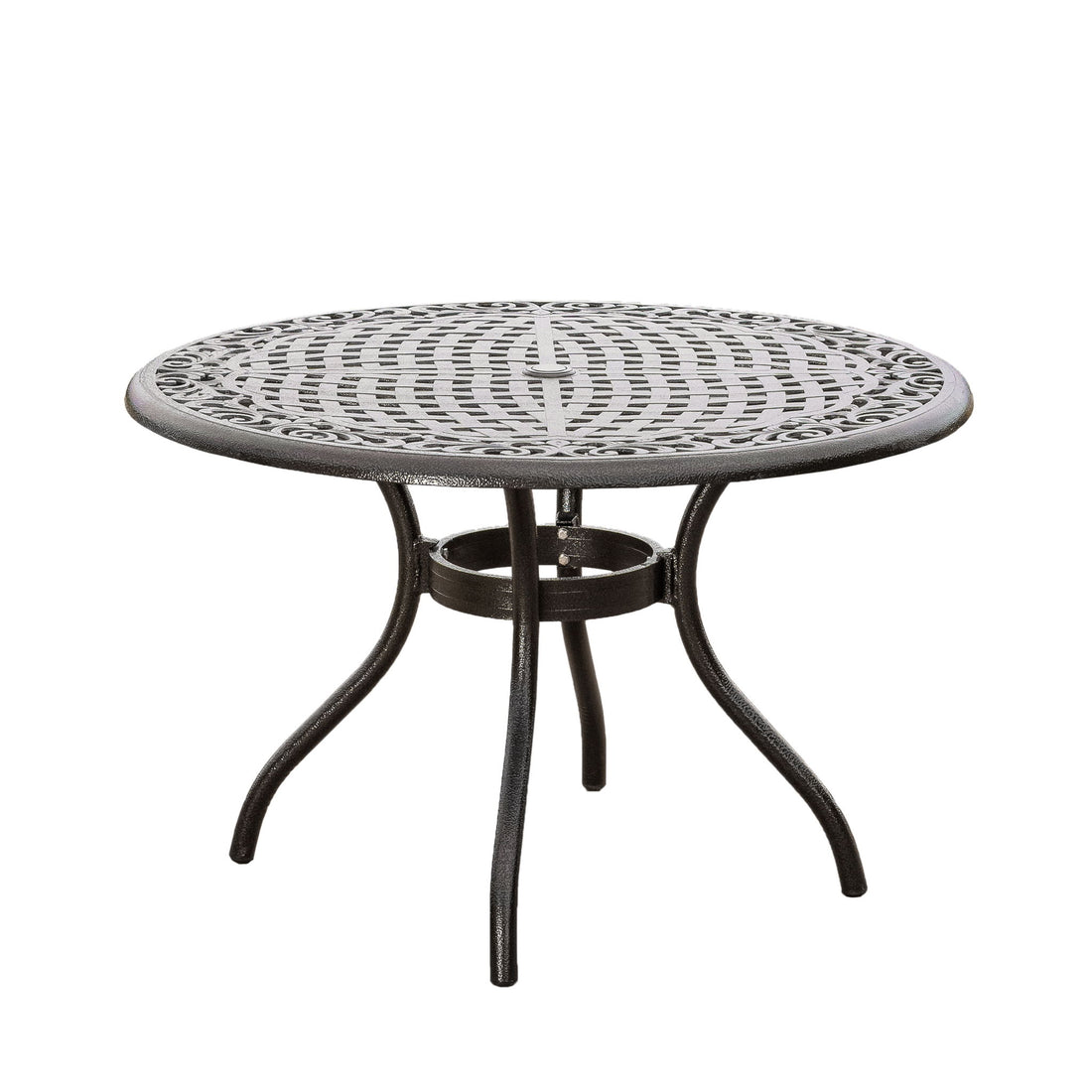 Tranquilius - Outdoor Round Dining Table With Lattice Tabletop, Umbrella Hole And Curved Legs